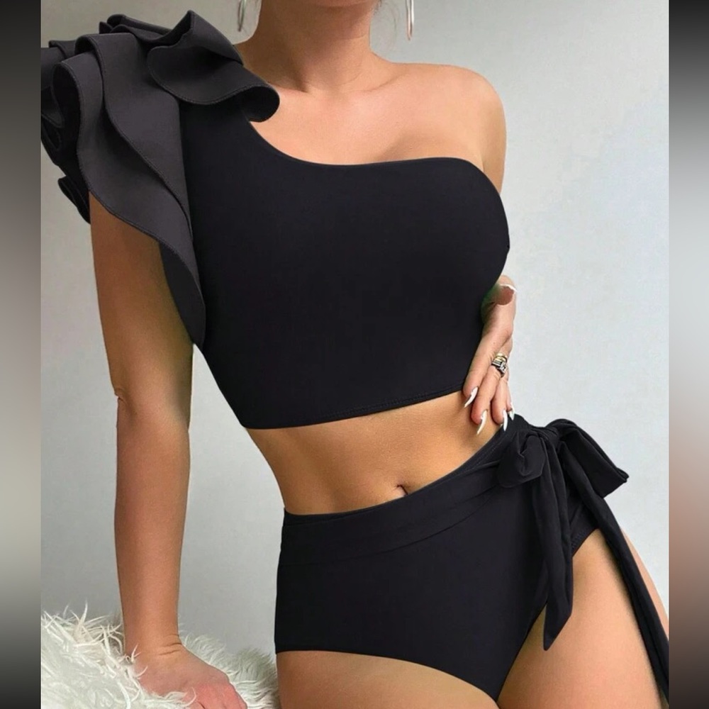 Black Swimsuit Swear wear Ruffle Trim One Shoulder Top High Waist Bottom - Picture 2 of 15